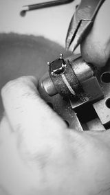 Engagement Ring "Black Lily" 2.64 Carat black diamond, 0.30 Carats sparkling white diamonds, the signature Arish infinity symbol by DANA ARISH