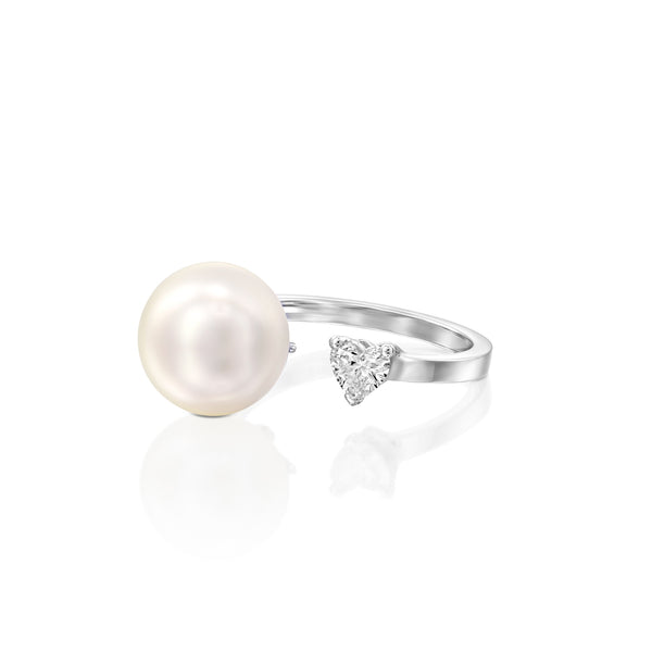 Pearl & Heart Ring by DANA ARISH: 14k White Gold ,Heart Shape Diamond Ring total weight 0.30, 11-13 mm White pearl.