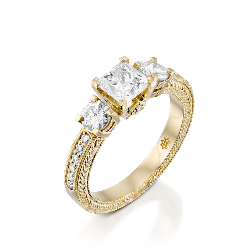 Trio - A Princess Cut Center Diamond & Yellow Gold Ring by DANA ARISH.