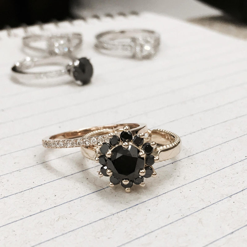 Stunning Engagement Ring, 'Black Swan' by DANA ARISH, 13 stones brilliant-cut natural Black Diamond center stone, 1.50 carat natural Black Diamonds shimmering halo on Gold Ring.
